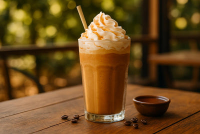 Caramel Frappé in a glass on an oak patio table