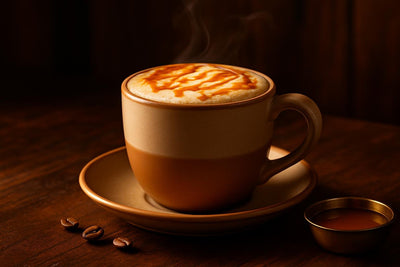 Caramel Latte in a ceramic mug on an oak bar