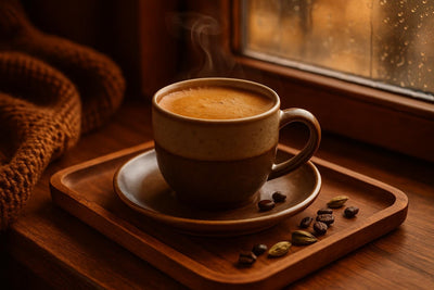 Cardamom Coffee in a ceramic mug on an oak tray by a window