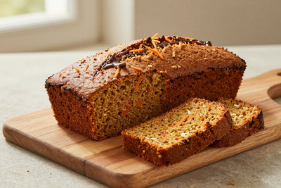 A loaf of carrot bread on a wooden board, two thick slices cut to show the moist crumb
