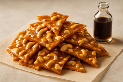 Shards of cashew brittle on parchment