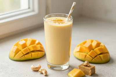 Cashew Butter Mango Protein Smoothie in a glass