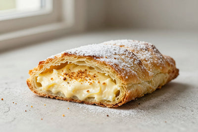 A sliced cheese strudel dusted with powdered sugar, showing the swirl of filling and flaky layers