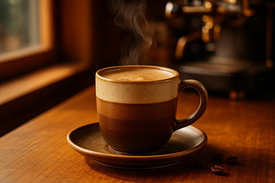 Chemex Coffee in a ceramic mug on an oak café counter