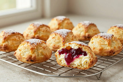 Golden cherry cheese turnovers on a wire rack, one cut open to show the filling