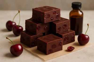 Squares of cherry chocolate fudge on parchment