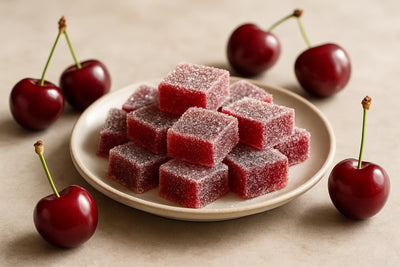 Squares of cherry fruit jellies rolled in sugar