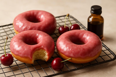 Doughnuts finished with cherry glaze on a cooling rack