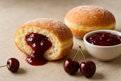 Filled doughnut cut open to show cherry jam filling