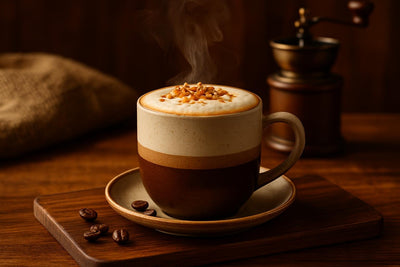 Chestnut Praline Latte in a ceramic mug on an oak serving board
