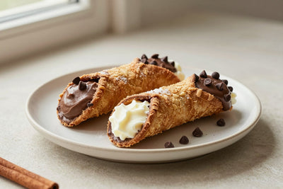 Chocolate cannoli on a plate, crisp shells with the creamy filling piped out of both ends