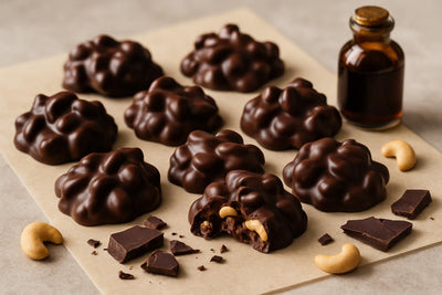 Homemade chocolate cashew clusters on parchment