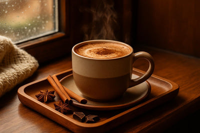 Chocolate Chai in a ceramic mug on an oak tray by a window
