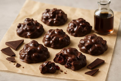 Homemade chocolate cherry clusters on parchment