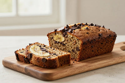 A loaf of chocolate chip banana bread on a wooden board, two thick slices cut to show the moist crumb