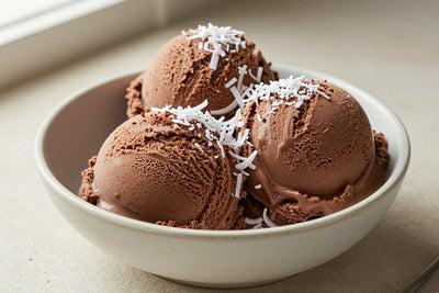 Two generous scoops of chocolate coconut ice cream in a shallow ceramic bowl, softly melting at the edges