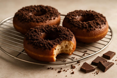 Doughnuts finished with chocolate cookie crumbs on a cooling rack