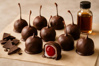 Homemade chocolate covered cherries on parchment