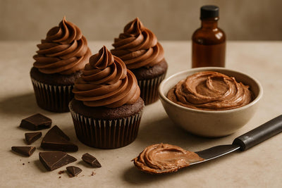 Cupcakes piped with chocolate cream cheese frosting