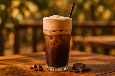 Chocolate Cream Cold Brew in a glass on an oak patio table