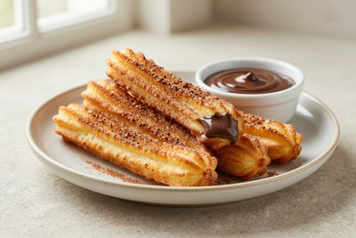 Chocolate-filled churros piled on a plate, coated in cinnamon sugar, with a small bowl of dipping sauce