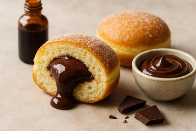 Filled doughnut cut open to show chocolate ganache filling