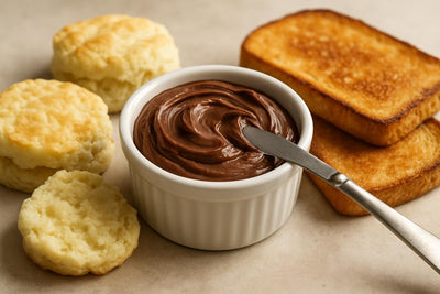 Chocolate Hazelnut Butter in a crock with warm biscuits