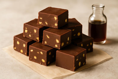 Squares of chocolate hazelnut fudge on parchment