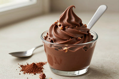 A generous swirl of chocolate hazelnut gelato in a small glass cup with a flat gelato spade