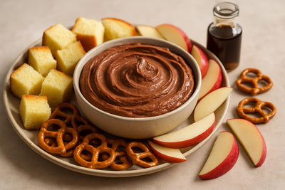 Bowl of chocolate hazelnut mousse dip with brioche, pretzels and fruit