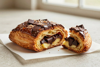 Caramelized, crackly chocolate kouign-amann on parchment, one torn open to show the buttery layers