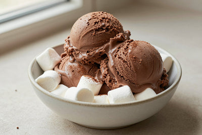 Two generous scoops of chocolate marshmallow ice cream in a shallow ceramic bowl, softly melting at the edges
