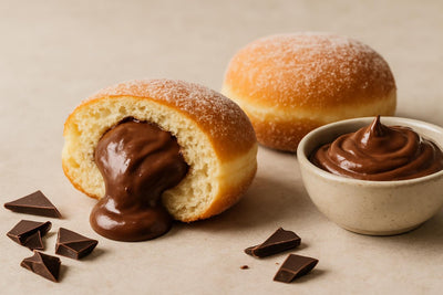 Filled doughnut cut open to show chocolate pastry cream
