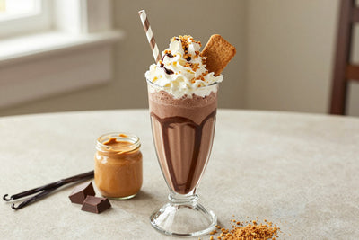 Chocolate Peanut Butter Cheesecake Milkshake in a glass