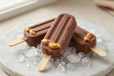 Three chocolate peanut butter pops on a bed of crushed ice on a light marble surface, one with a bite taken out