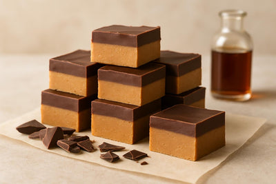 Squares of chocolate peanut fudge on parchment