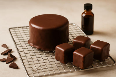 Cake coated in glossy chocolate poured fondant icing