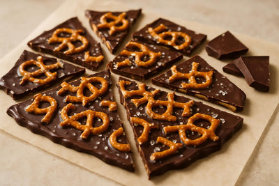 Shards of chocolate pretzel bark on parchment