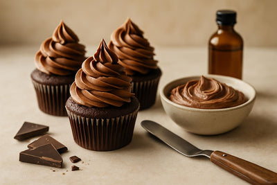 Cupcakes piped with chocolate Swiss meringue buttercream frosting