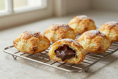 Golden chocolate turnovers on a wire rack, one cut open to show the filling