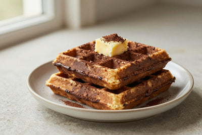 A stack of golden chocolate waffles on a plate with a pat of butter and the toppings from the recipe