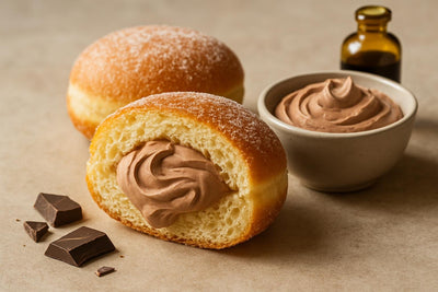 Filled doughnut cut open to show chocolate whipped cream