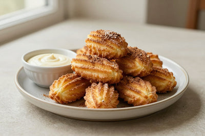 Churro bites piled on a plate, coated in cinnamon sugar, with a small bowl of dipping sauce