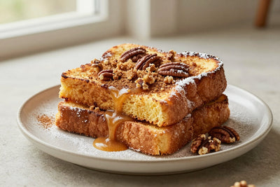 A stack of thick golden slices of cinnamon baked french toast on a plate, dusted with powdered sugar