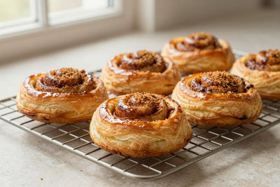 Cinnamon danish on a wire rack, the glossy filling visible in the center of each pastry