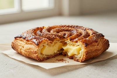 Caramelized, crackly cinnamon kouign-amann on parchment, one torn open to show the buttery layers