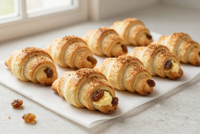 Crescent-shaped cinnamon raisin rugelach on parchment, the filling spiraled inside