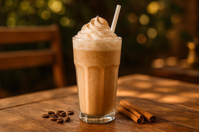 Cinnamon Roll Frappé in a glass on an oak patio table