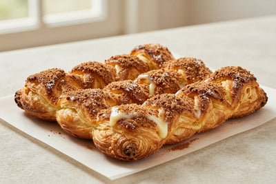 Cinnamon sugar puff twists on parchment, showing crisp, flaky, deep golden layers