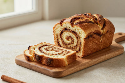 A loaf of cinnamon swirl bread on a wooden board, two thick slices cut to show the moist crumb